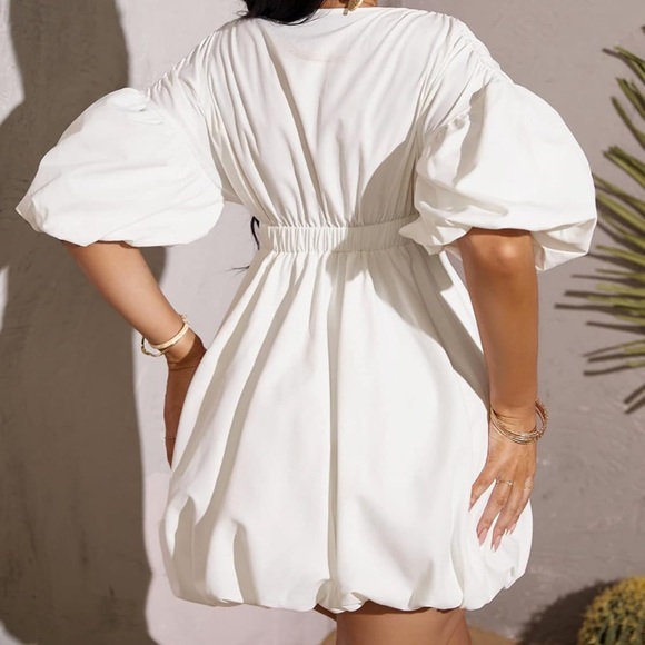 White V Neck Puff Sleeve Mini Dress - Picture 3 of 5